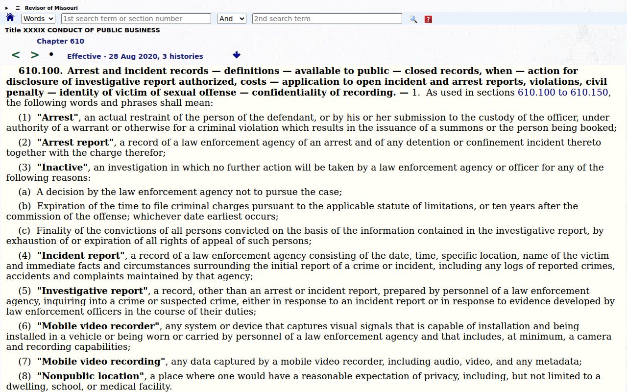 Missouri arrest records and incident records statute