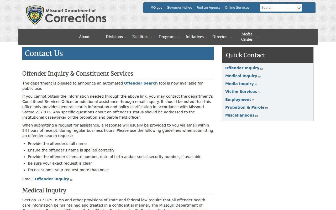 Missouri inmate records DOC offender inquiry contacts