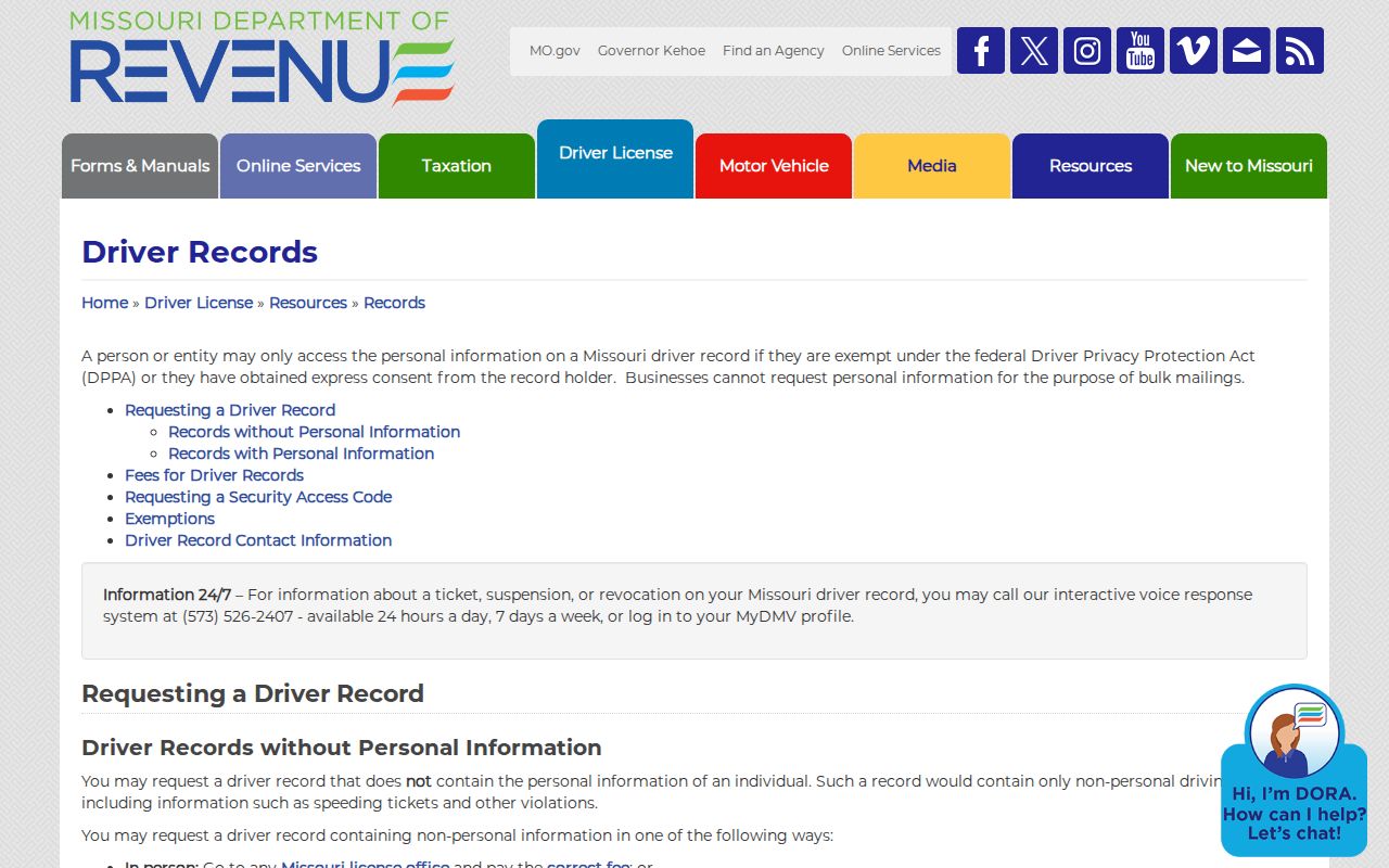 Missouri traffic court records and DOR driver record access
